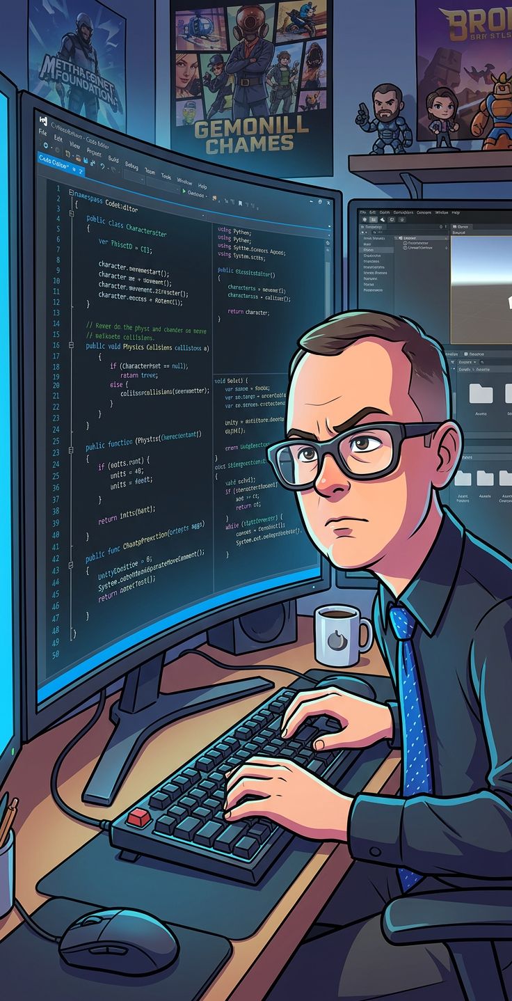 Greg coding at his workstation, cartoon illustration
