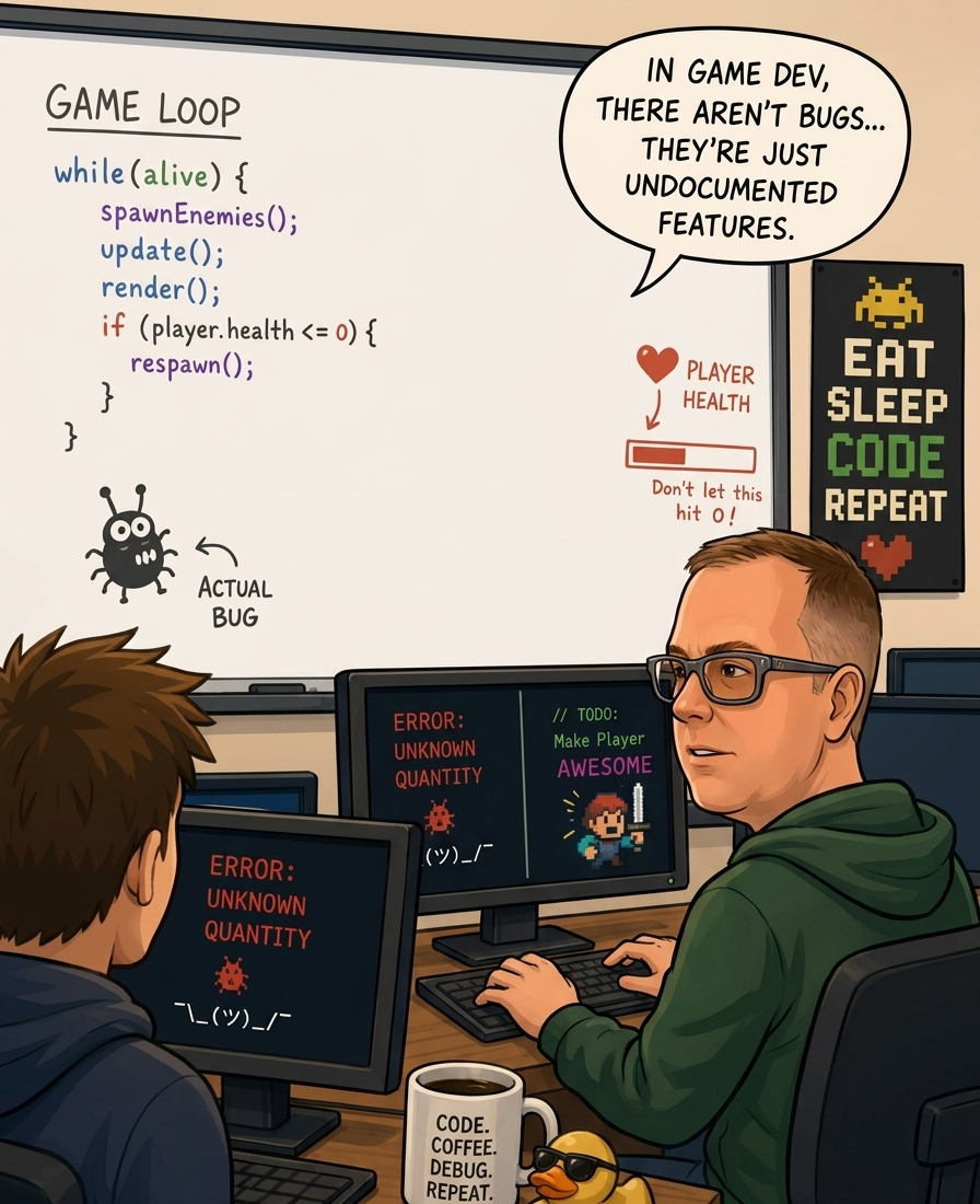 Greg at his coding desk, cartoon illustration